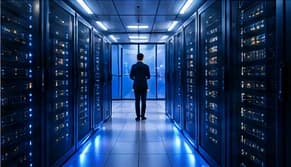A person walking down a server aisle lit in blue