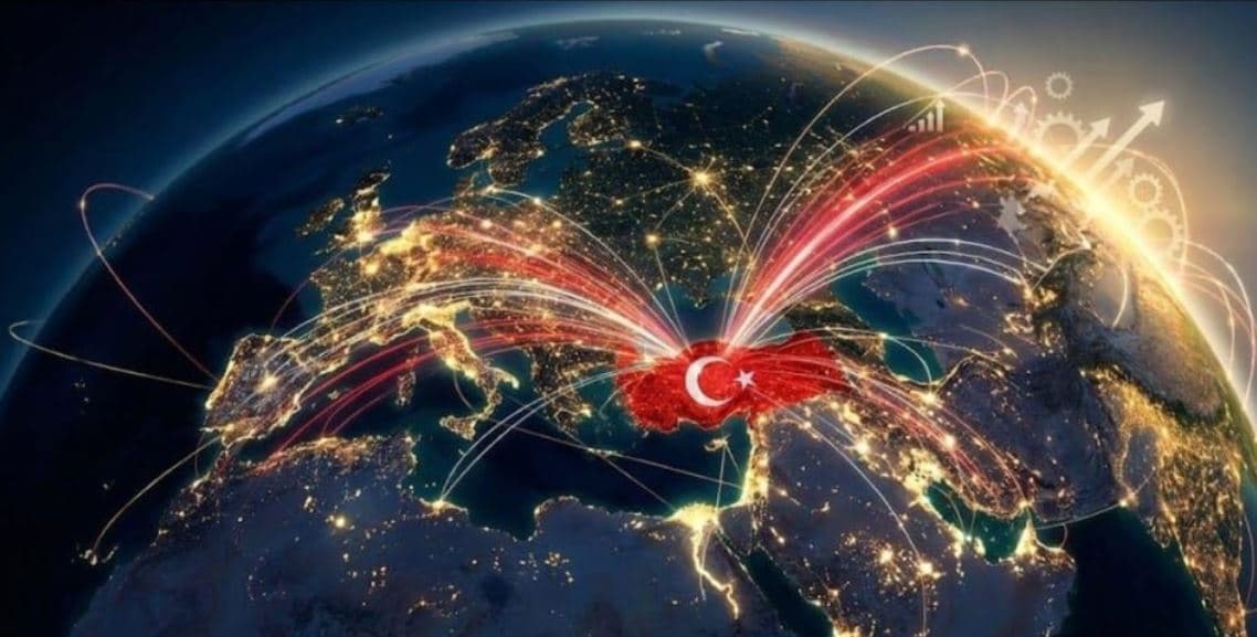 A globe with Türkiye highlighted and connection lines radiating from Türkiye