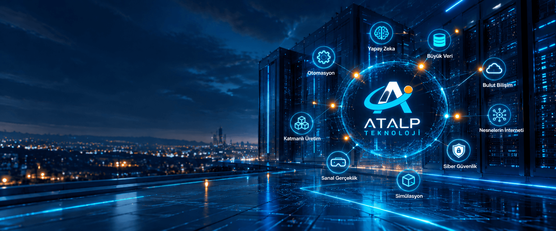 A data-center scene with the round ATALP logo in the center